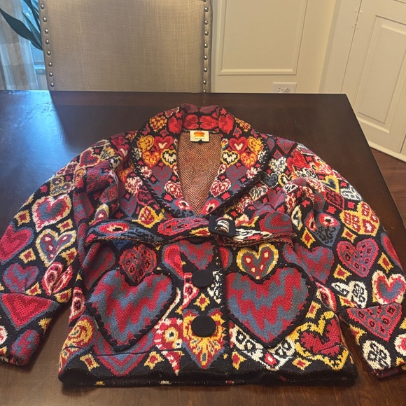 FARM Rio Sweaters - FARM Rio Multicolor Heart Motif Shawl Collar Cardigan - Red Blue Yellow